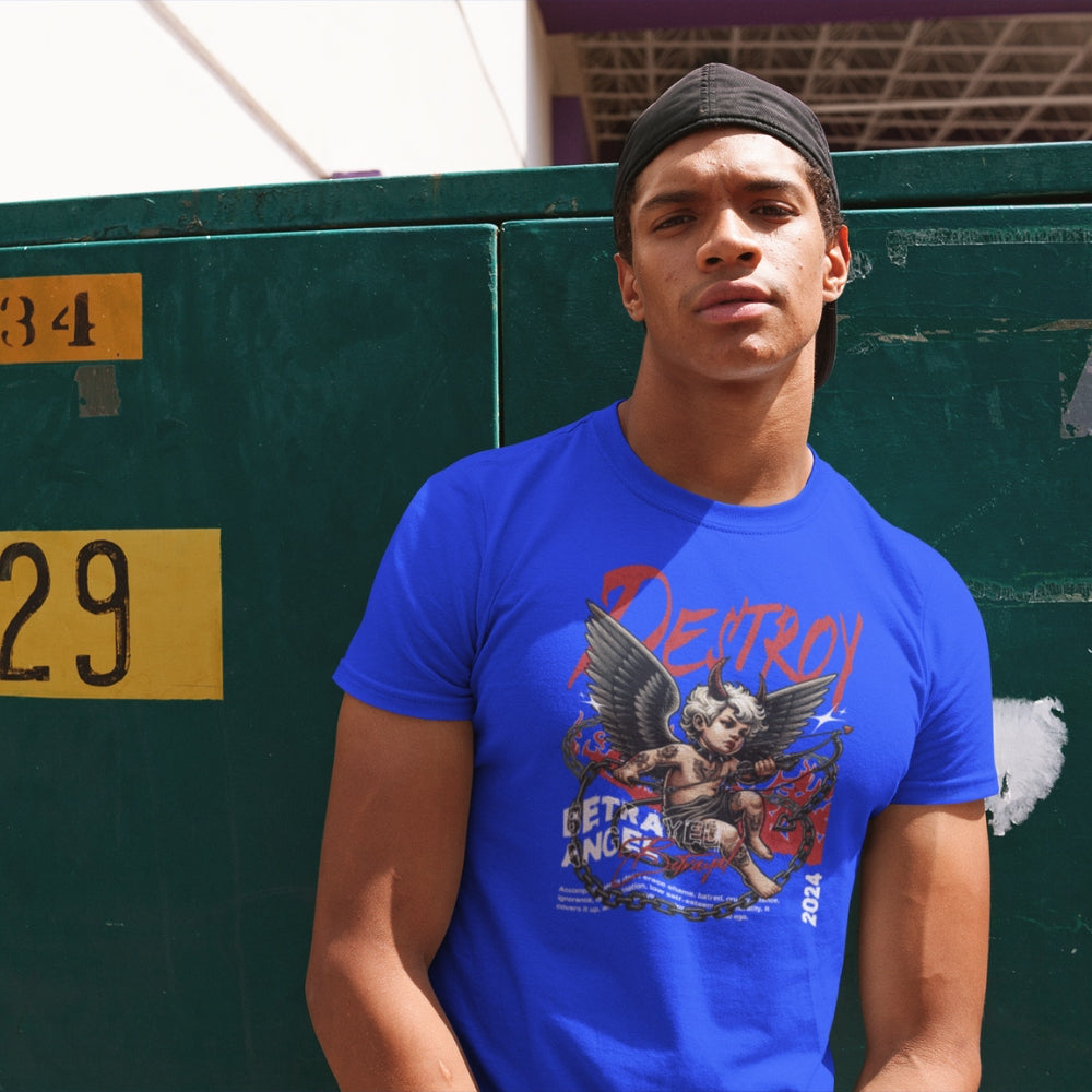 Boy Wearing Ogeez teez Destroy Cotton Blue Crew T-Shirt